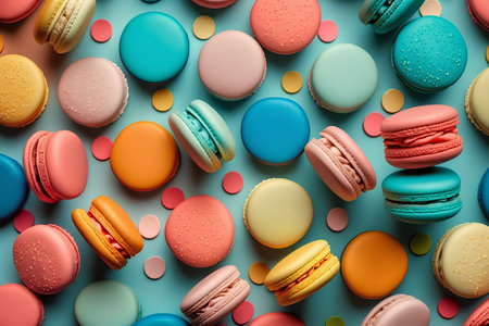 Colorful macaroons or macarons on blue background. Top view.の素材