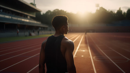 Athletic young man standing on running track at sunset.の素材