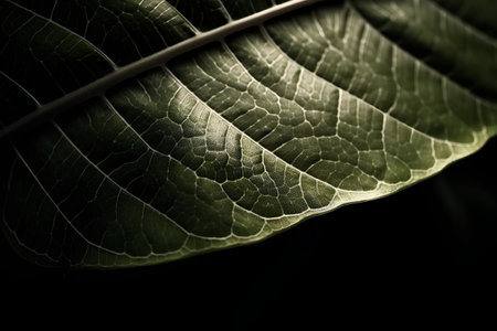 close up of a green leaf on a black background with copy spaceの素材