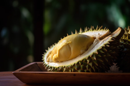 Durian fruit on wooden table, Durian is king of fruit in Thailand.の素材