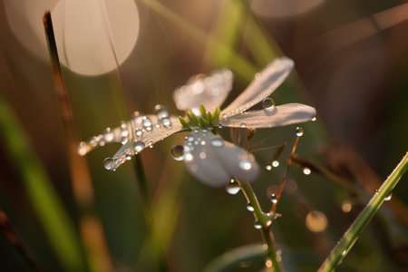 Dew drops on a dragonfly in the morning light. Macroの素材