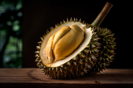 Fresh durian fruit on wooden table. Durian is a king of fruit.の素材