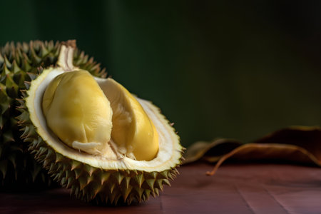 Fresh durian fruit on a wooden table. Selective focus.の素材