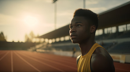 Young african american male athlete looking away while standing on track and fieldの素材