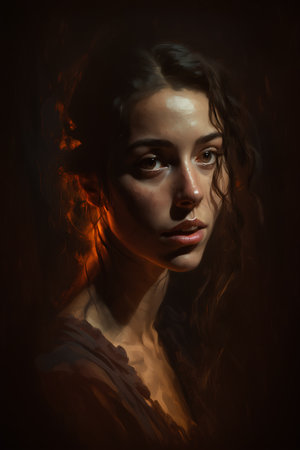 Fantasy portrait of a beautiful woman with long curly hair in the darkの素材