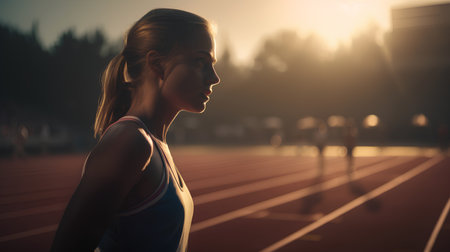 Athletic young woman running on a track at sunset.の素材