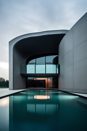 Modern swimming pool in a modern house. 3d rendering. toned imageの素材