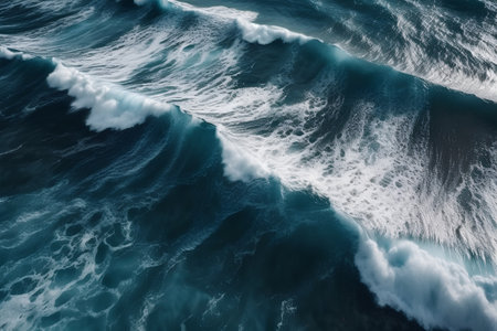 Aerial view of a stormy ocean with waves and foam.の素材