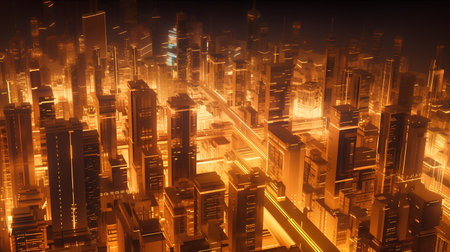 3d illustration of a futuristic city at night with neon lights.の素材