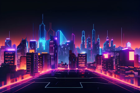 Futuristic city at night with glowing neon lights. 3d renderingの素材