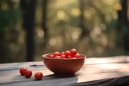Red cherry in a bowl on a wooden table in the forest.の素材