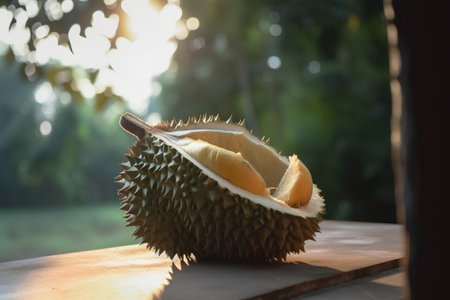 Durian fruit on the wooden table. Durian is a king of fruit in Thailand.の素材