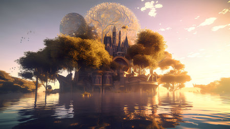 Fantasy landscape with a fantasy castle in the water. 3d renderの素材