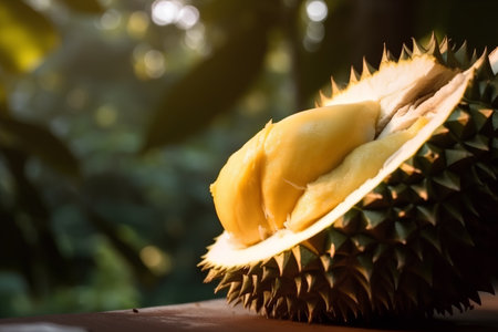 Close up of durian fruit on wood table with nature background.の素材