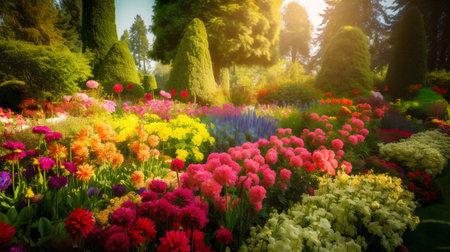 Beautiful flowers in the garden at sunset. Colorful spring landscape.の素材