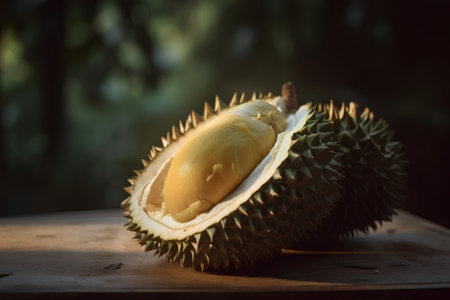 Fresh durian fruit on wooden table. Durian is a king of fruit.の素材