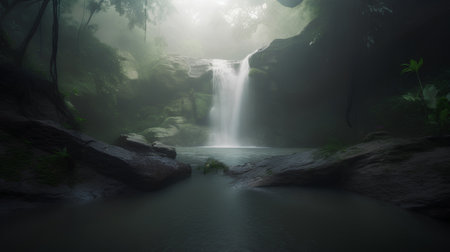 Waterfall in the forest with fog and sunlight at dawn in the morningの素材