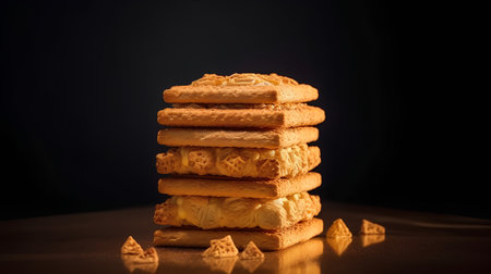 Stack of tasty cookies on a black background. Selective focus.の素材