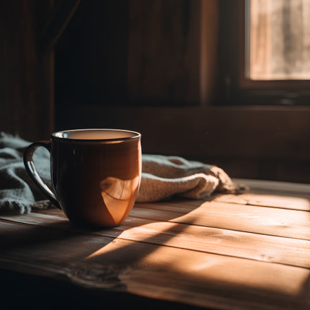 Cup of coffee on a wooden table in the rays of the morning sunの素材