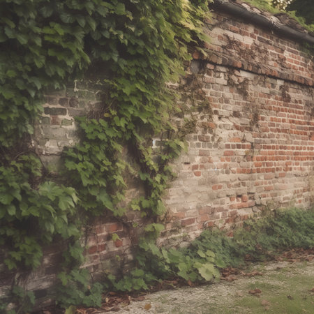 Old brick wall covered with green ivy. Vintage style tonedの素材