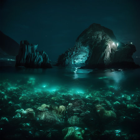 Underwater landscape with starry sky and rock in the ocean.の素材