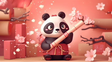 Happy Chinese New Year. Cute panda with gift box and cherry blossomの素材