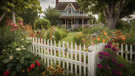 Beautiful garden with white picket fence and flowers in summer.の素材