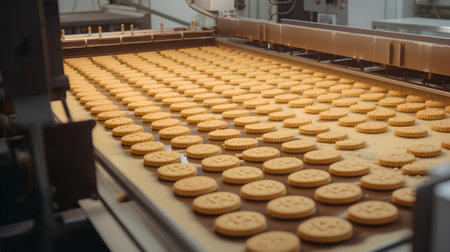 Production line of the biscuit factory. Conveyor belt with cookies.の素材