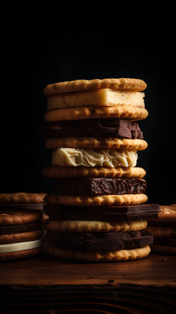 Stack of chocolate cookies on wooden table over dark background. Square imageの素材