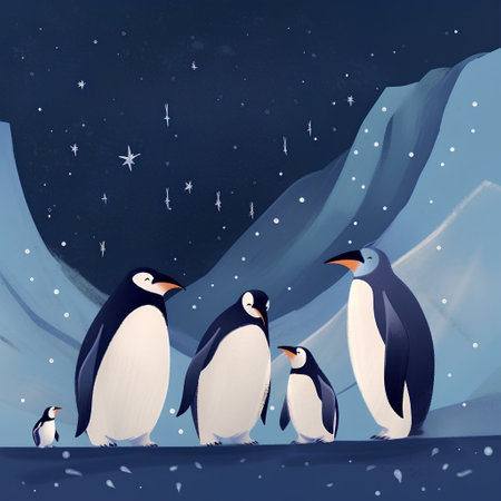 Cute penguins in the starry night. Vector illustration.の素材