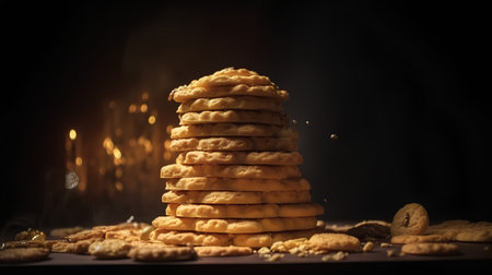 stack of cookies on a black background in the rays of the setting sunの素材