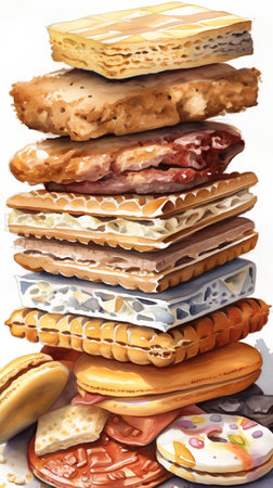 Slices of bread and crackers on a white background.の素材