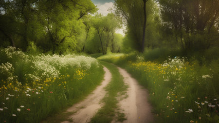 Dirt road through the green spring forest with wildflowers.の素材