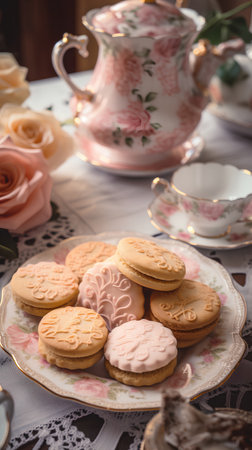 Homemade cookies on a plate with a teapot and a cup of teaの素材