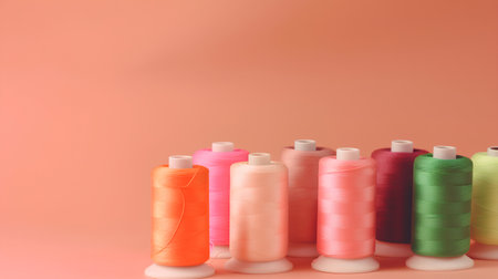 Colorful spools of thread on a pink background with copy spaceの素材