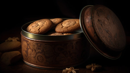 Oatmeal cookies in a tin box on a wooden table. Selective focus.の素材