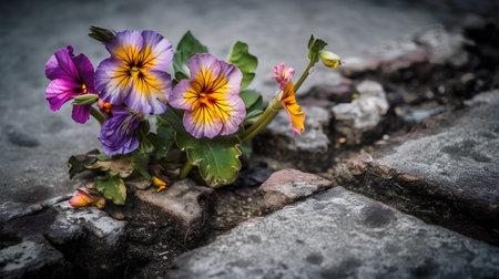 Viola tricolor flowers on a stone background, selective focusの素材