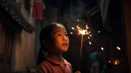 Little Chinese girl holding a sparkler in the street at night.の素材