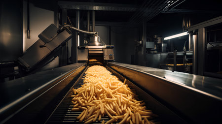 French fries on a conveyor belt in a modern fast food factory.の素材