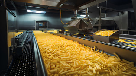 Conveyor belt with golden french fries in a fast food factoryの素材