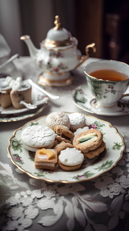 Tea set with cookies in the shape of a heart on a plateの素材