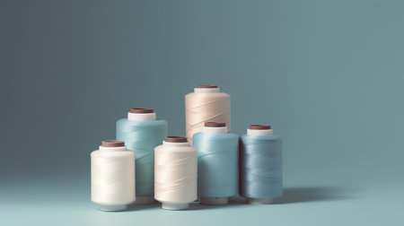 Spools of thread on a blue background. 3d rendering.の素材