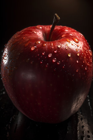Red apple with water drops on a dark background. Shallow depth of fieldの素材