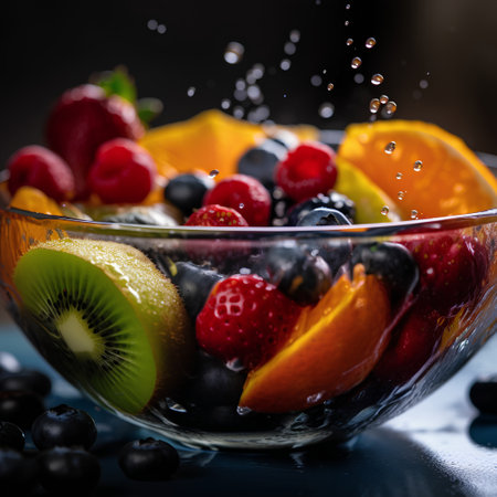 Fruit salad in a glass bowl on a dark background. Selective focus.の素材