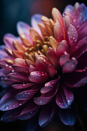 Beautiful purple chrysanthemum flower with dew drops close upの素材