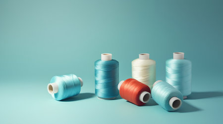 Set of colorful spools of thread on blue background. 3d renderingの素材