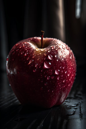 Red apple with water drops on a black wooden table. Dark background.の素材