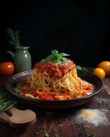 Spaghetti bolognese with tomato sauce and parmesan cheeseの素材