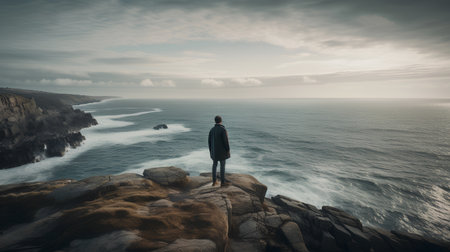 Man standing on the edge of a cliff and looking at the oceanの素材