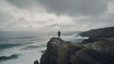 Man standing on a rock and looking at the sea in a cloudy dayの素材